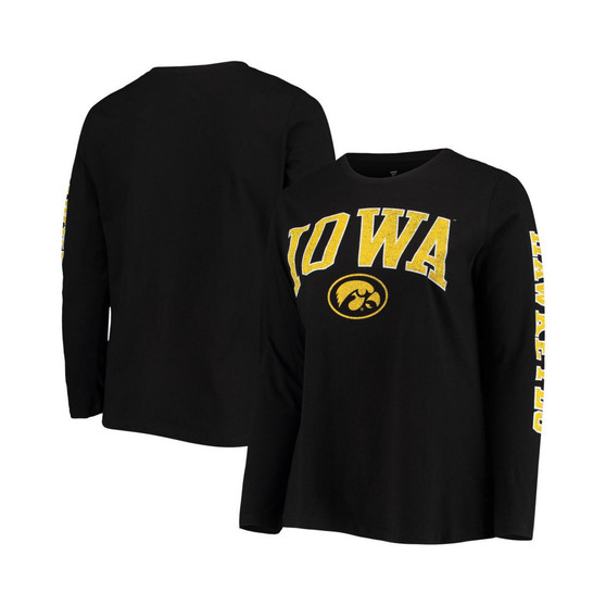 Women's Black Iowa Hawkeyes Plus Size Campus Arch Logo 2-Hit Scoop Neck Long Sleeve T-shirt
