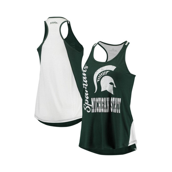 Women's Green, White Michigan State Spartans George Glass 2-Hit Scoop Neck Racerback Tank Top