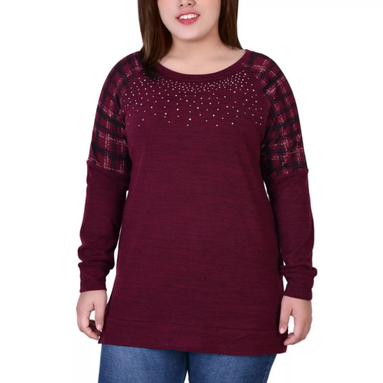 Plus Size Long Sleeve Knit with Print Shoulder Insets Top