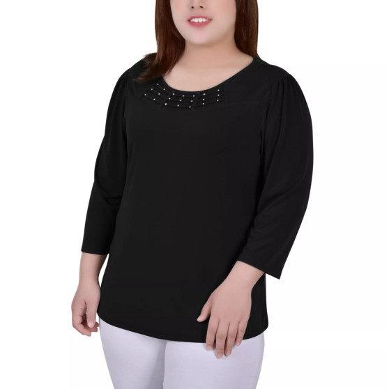 Plus Size 3/4 Sleeve Crepe Knit with Strip Details Top