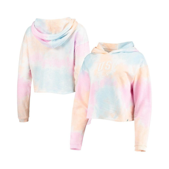 Women's Pink, White USC Trojans Tie-Dye Cropped Pullover Hoodie