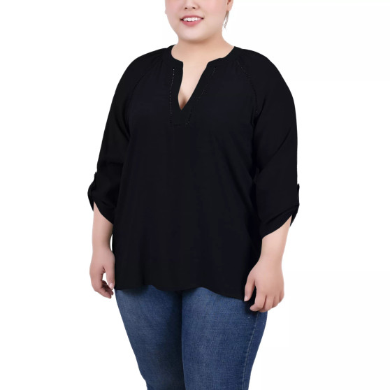 Plus Size Raglan Sleeve Split Neck Blouse
