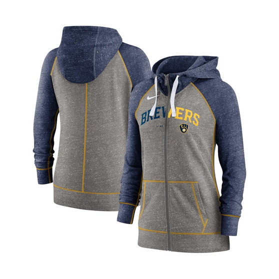 Women's Heathered Charcoal, Navy Milwaukee Brewers Split Wordmark Gym Vintage-Like Raglan Full-Zip Hoodie