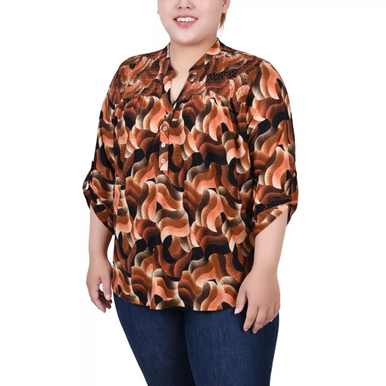 Plus Size 3/4 Roll Tab Sleeve Smocked-Yoke Top