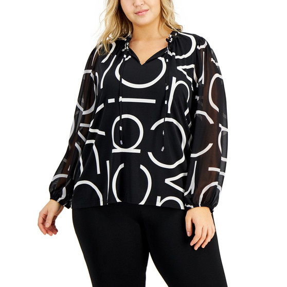 Plus Size Split-Neck Sheer-Sleeve Top