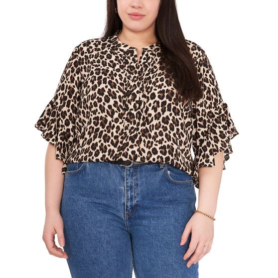 Plus Size Printed Ruffle-Sleeve Henley Top