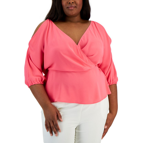 Plus Size Cold-Shoulder Crossover Peplum Blouse