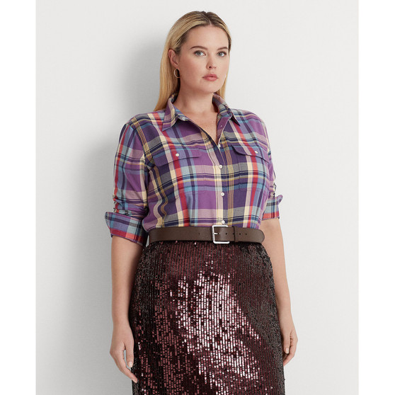Plus Size Plaid Sheep-Suede Patch Buttoned Top