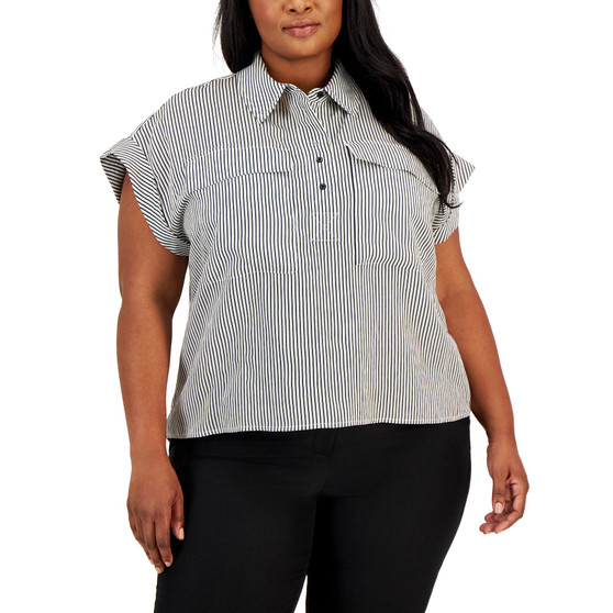 Plus Size Striped Cap-Sleeve Blouse