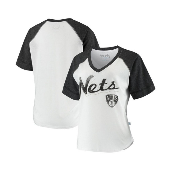 Women's White and Black Brooklyn Nets Around the Horn Rhinestone Raglan Tri-Blend V-Neck T-shirt