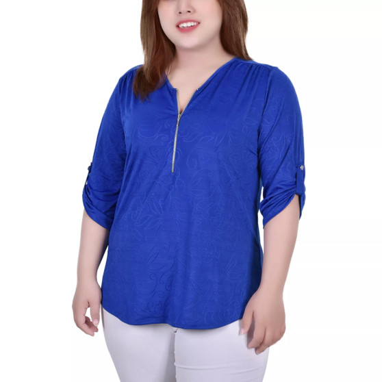 Plus Size 3/4 Roll Tab Zip Front Jacquard Knit Top