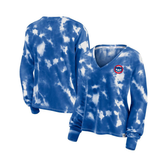 Women's White and Royal Chicago Cubs Tie-Dye V-Neck Pullover Cropped Tee