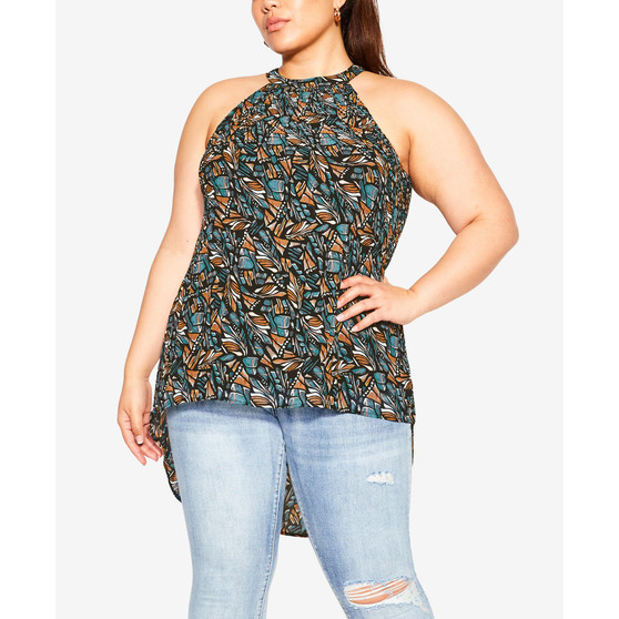 Plus Size Trendy Halter Pleat Print Top