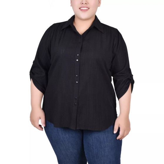 Plus Size 3/4 Roll Tab Sleeve Cotton Blouse