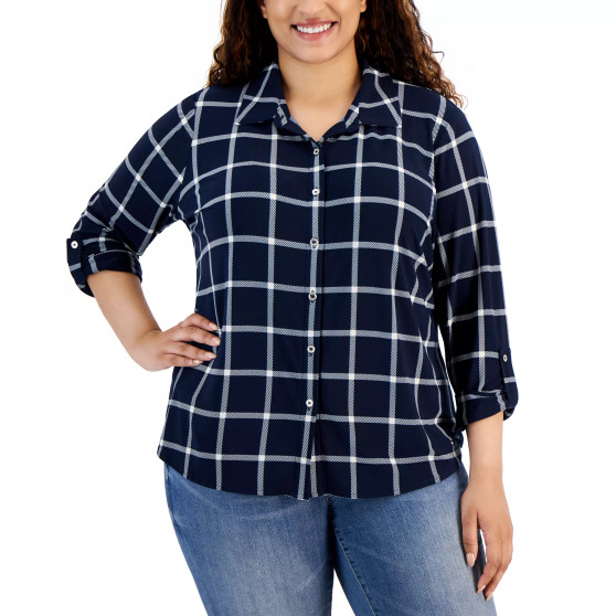 Plus Size Plaid Roll-Tab-Sleeve Button-Down Knit Shirt
