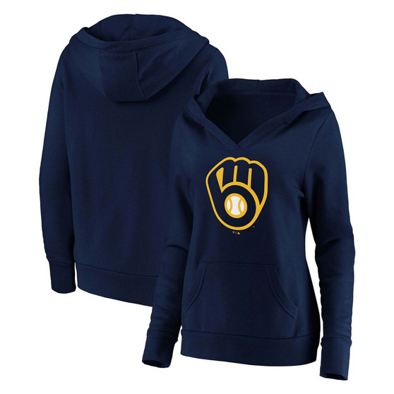 Plus Size Navy Milwaukee Brewers Official Logo Crossover V-Neck Pullover Hoodie