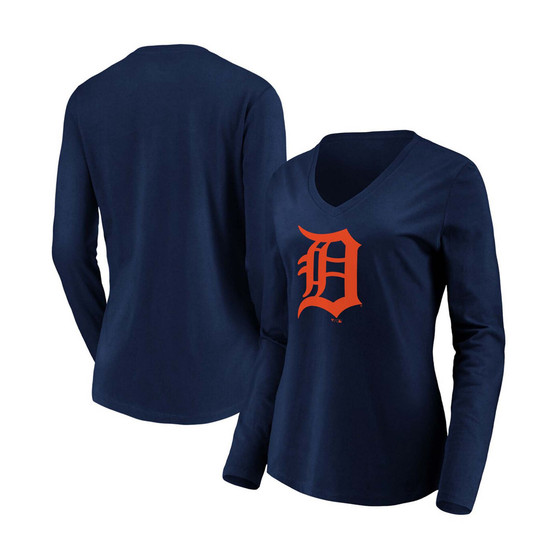 Women's Navy Detroit Tigers Official Logo Long Sleeve V-Neck T-shirt