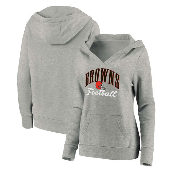 Plus Size Heathered Gray Cleveland Browns Team Victory Script Crossover V-Neck Pullover Hoodie