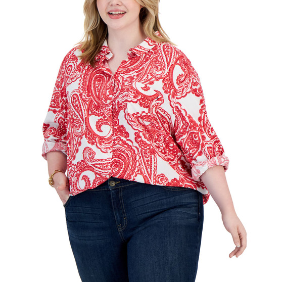 Plus Size Roll-Tab-Sleeve Button-Up Shirt