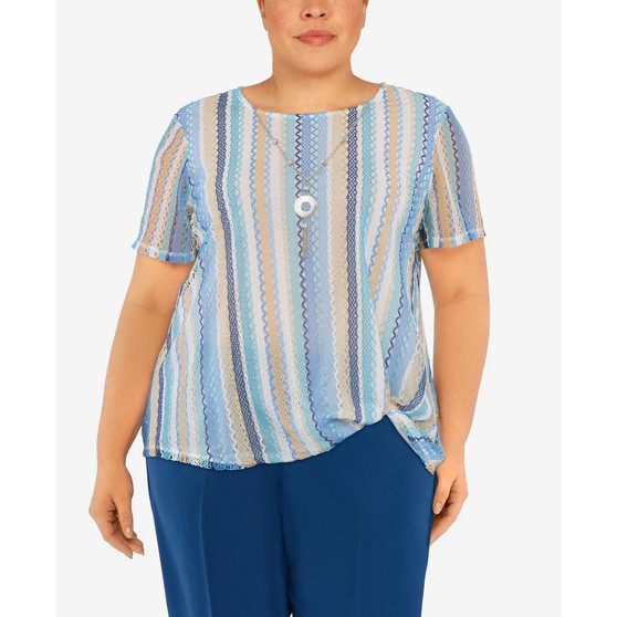 Plus Size Scenic Drive Striped Twist Hem Top with Necklace