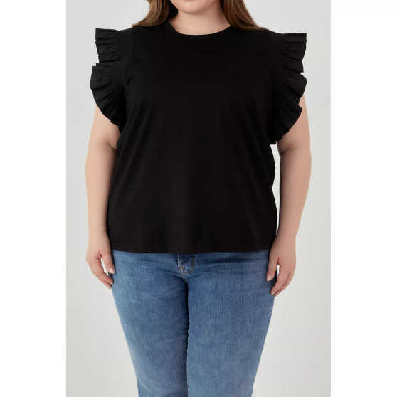 Women's Plus size Poplin Knit Mixed Ruffle Detail Top