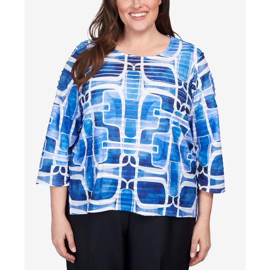 Plus Size Classics Geometric Ruffle Three Quarter Sleeve Top