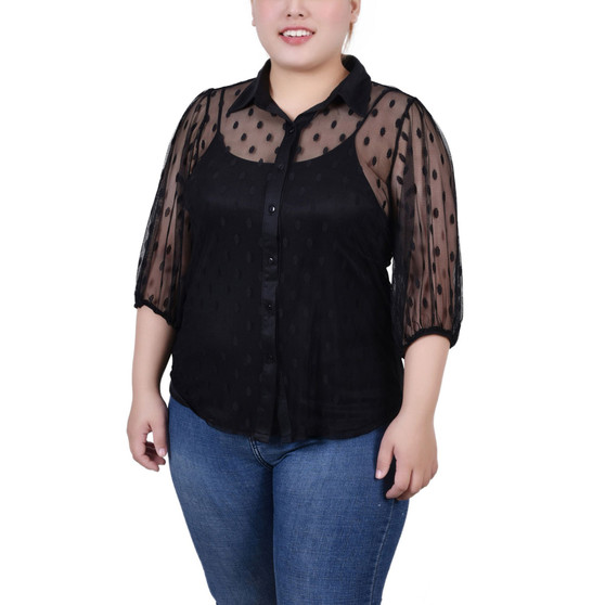 Plus Size Elbow Sleeve Clip Dot Blouse with Camisole