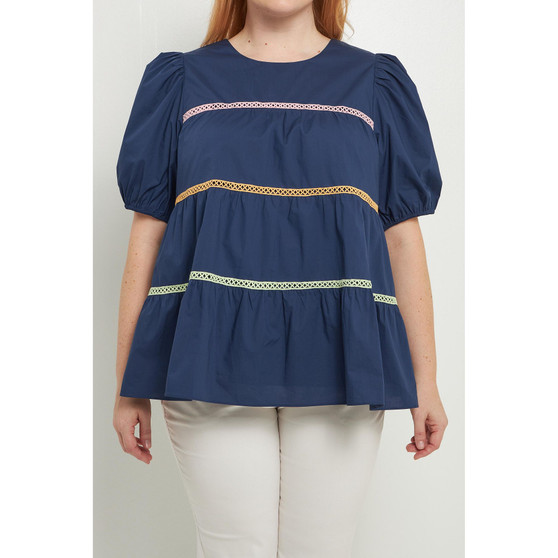 Women's Plus size Multi Color Trim Inserted Puff Sleeve Top