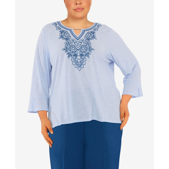 Plus Size Scenic Drive Split Neck Medallion Embroidery Mini Stripe Top