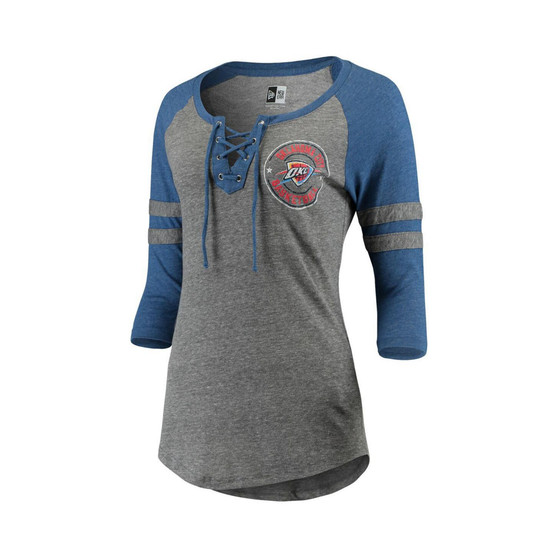 Women's Heathered Gray, Heathered Royal Oklahoma City Thunder Lace-up Tri-Blend Raglan 3/4-Sleeve T-shirt