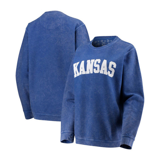 Women's Royal Kansas Jayhawks Comfy Cord Vintage-Like Wash Basic Arch Pullover Sweatshirt