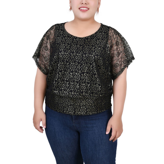 Plus Size Foil Lace Poncho with Smocked Waist