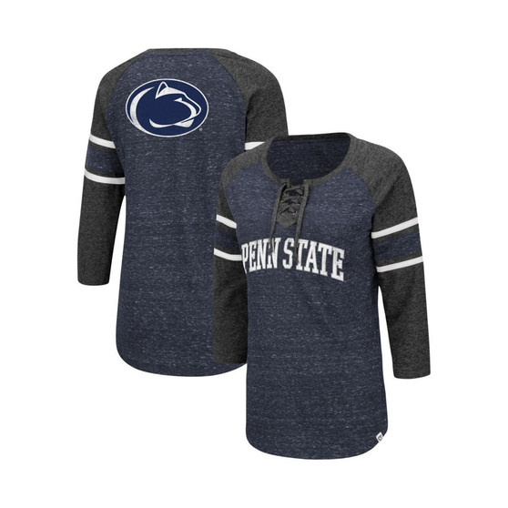 Women's Navy and Heathered Charcoal Penn State Nittany Lions Scienta Pasadena Raglan 3/4 Sleeve Lace-Up T-shirt