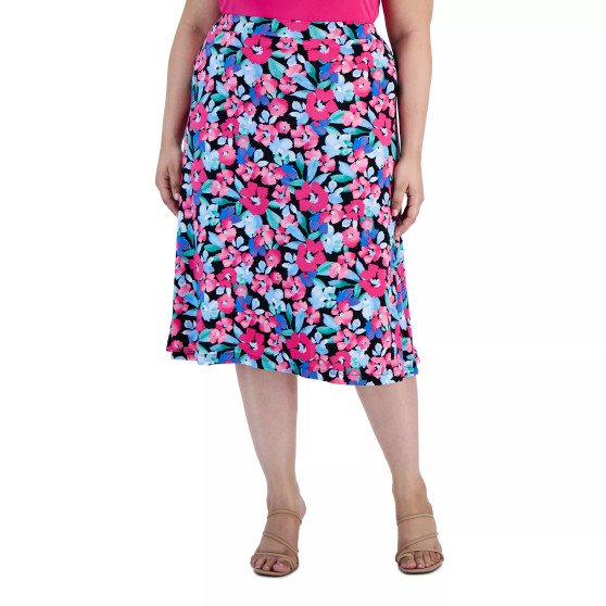 Plus Size Floral-Print Pull-On Flared Midi Skirt