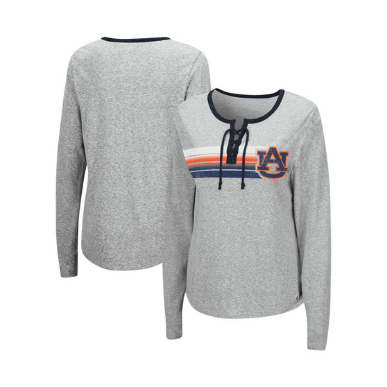 Women's Heathered Gray Auburn Tigers Sundial Tri-Blend Long Sleeve Lace-Up T-shirt