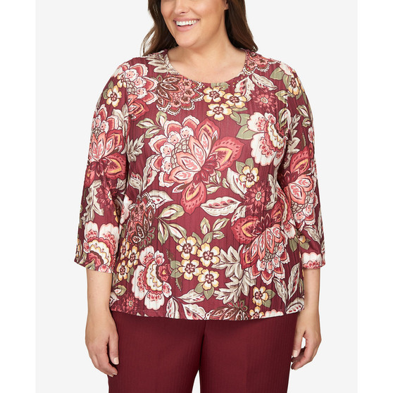 Plus Size Mulberry Street Jacobean Floral 3/4 Sleeve Top