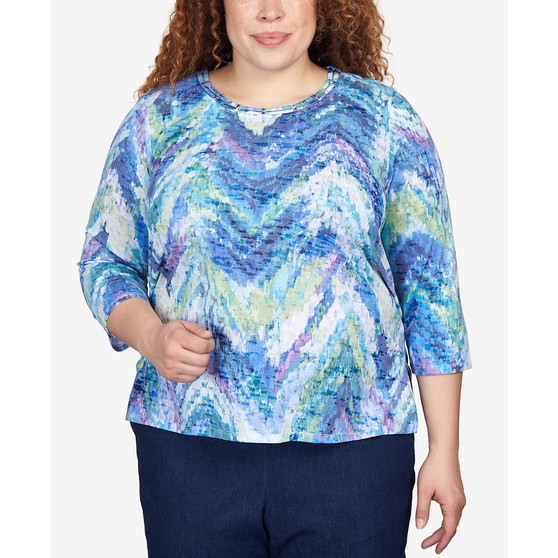 Plus Size Moody Blues Ikat Chevron 3/4 Sleeve Top