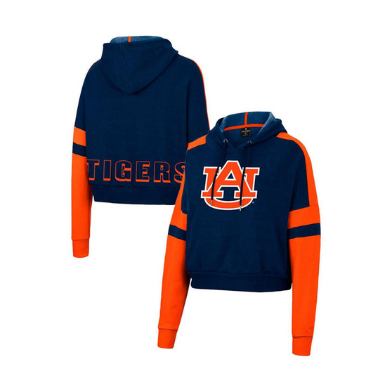 Women's Navy Auburn Tigers Throwback Stripe Arch Logo Cropped Pullover Hoodie