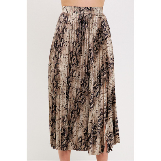Women's Snake Skin Pleated Slit Midi Skirt