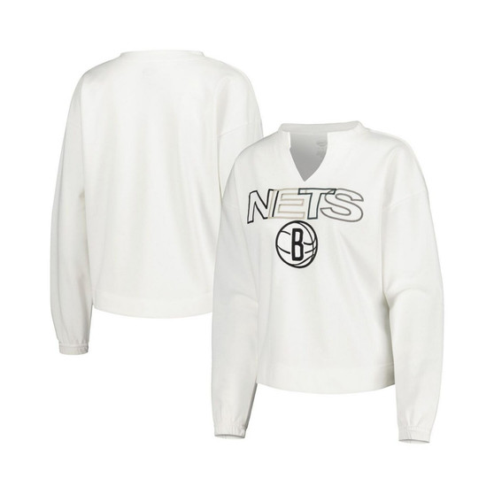 Women's White Brooklyn Nets Sunray Notch Neck Long Sleeve T-shirt