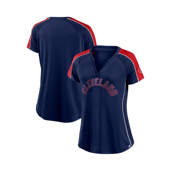 Women's Branded Navy, Red Cleveland Indians True Classic League Diva Pinstripe Raglan V-Neck T-shirt