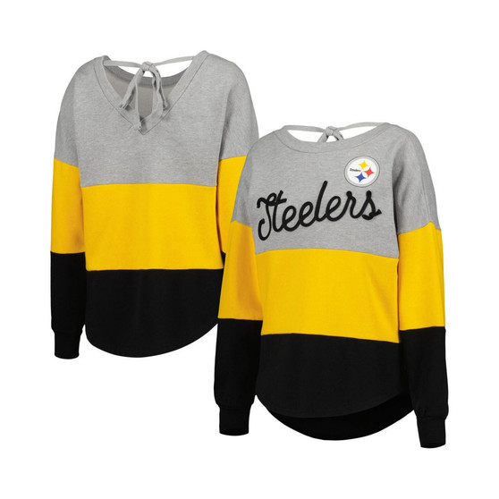 Women's Heathered Gray, Black Pittsburgh Steelers Outfield Deep V-Back Pullover Sweatshirt