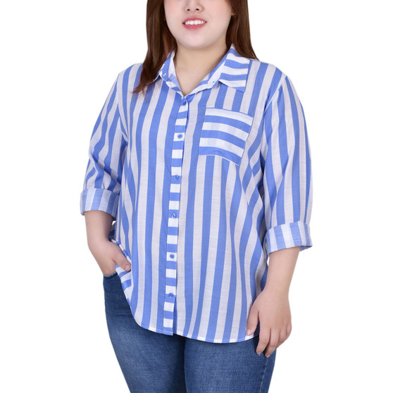 Plus Size 3/4 Rolled Sleeve Striped Blouse
