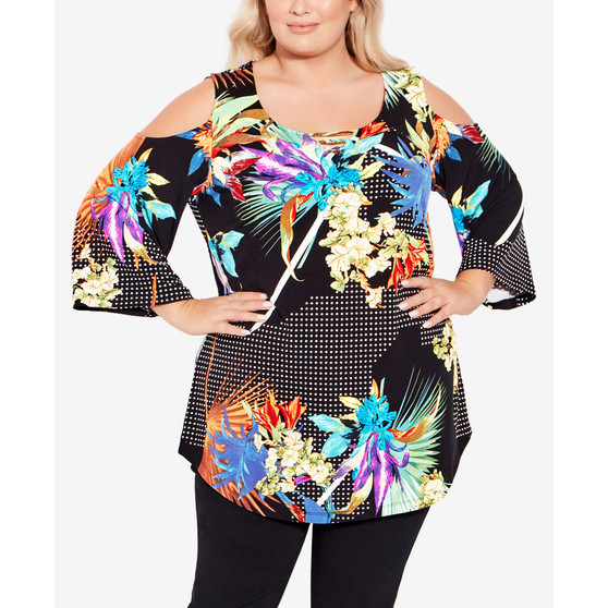 Plus Size Cold Shoulder 3 Bar Border Top