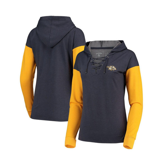 Women's Heathered Navy and Gold Nashville Predators Amaze Lace-Up Hoodie Tri-Blend Long Sleeve T-shirt