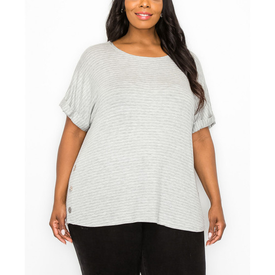 Plus Size Stripe Rolled Short Sleeve Side Button Top
