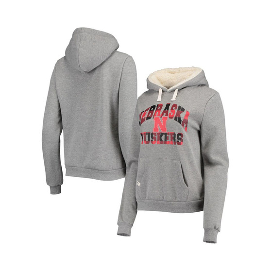 Women's Heathered Gray Nebraska Huskers Plaid Sherpa Pullover Hoodie