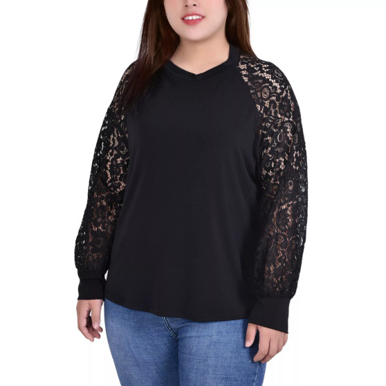 Plus Size Knit Crepe Top with Long Lace Balloon Sleeves