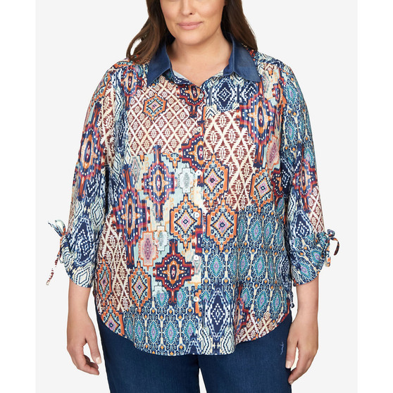 Plus Size Autumn Weekend Medallion Patch Tie Sleeve Button Up Top