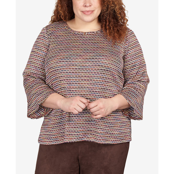 Plus Size Autumn Weekend Space Dye Stripe Flutter Sleeve Top